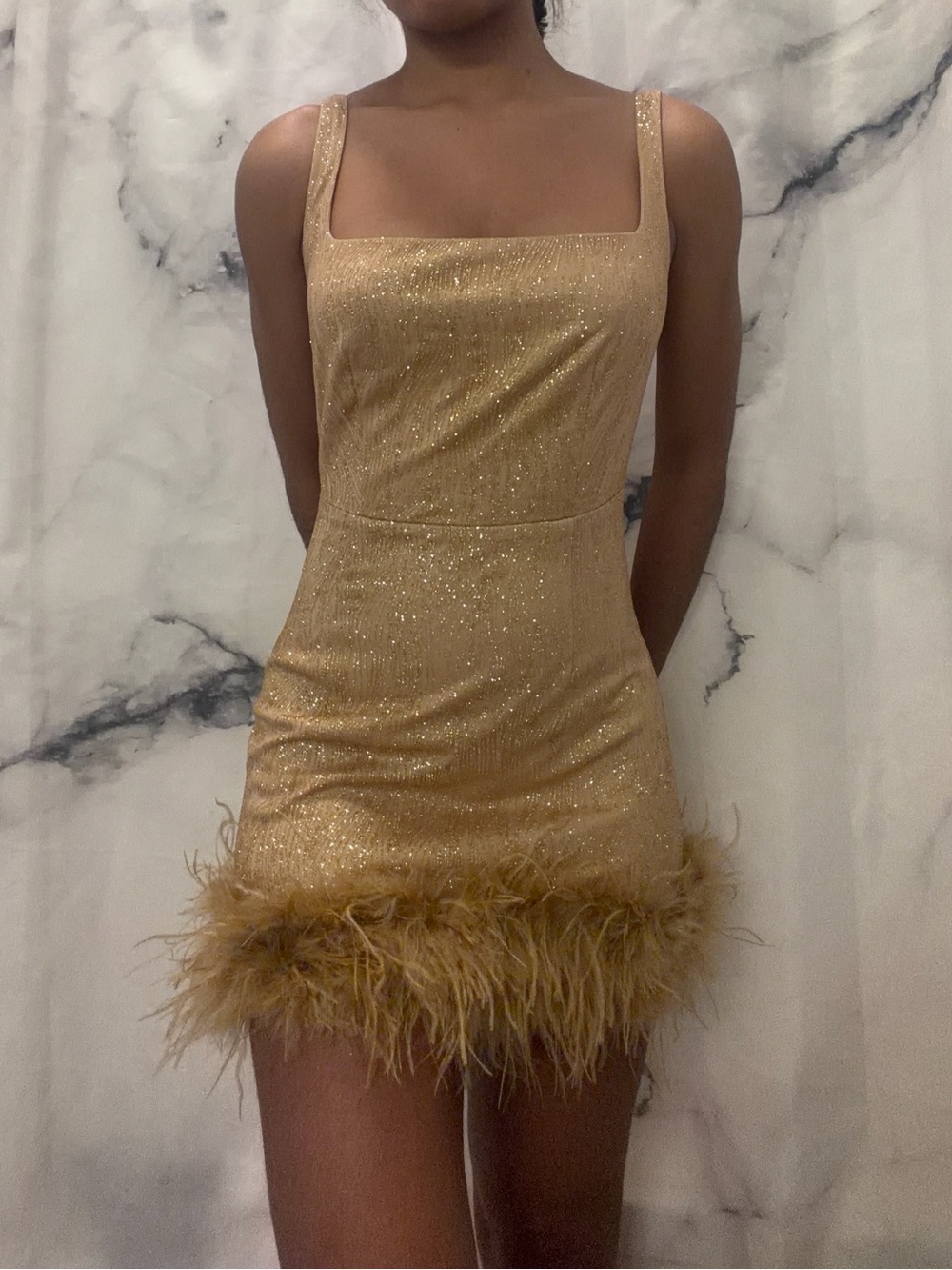 Gold Glitter Feather Hem Mini Dress XS